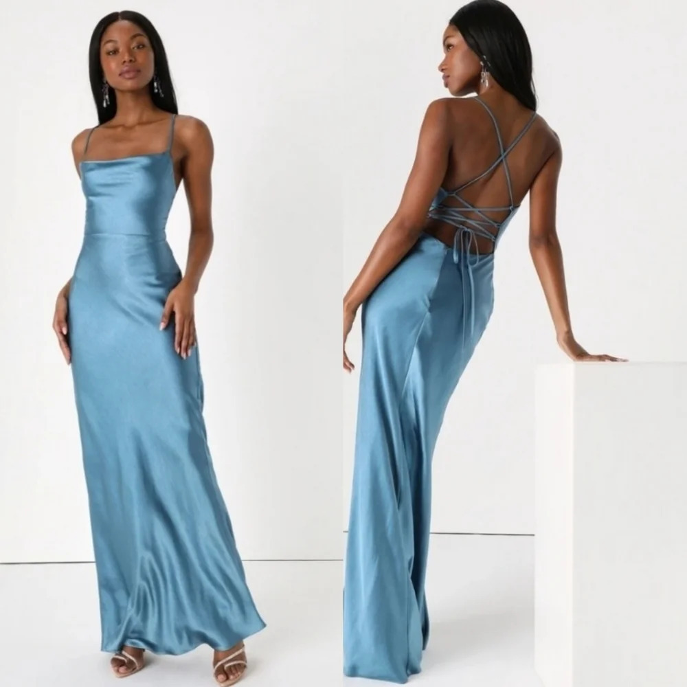 Lulus Inspire Romance Slate Blue Satin Cowl Neck Lace-Up Maxi Dress S Party Prom